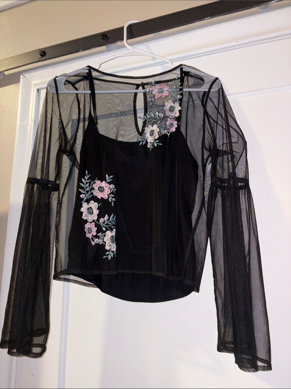 Hollister Black Mesh Camisole with Pink Floral Embroidery